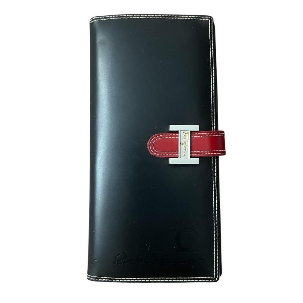 Salvatore Ferragamo Long Wallet Black & Red Gancini Luxury Classic